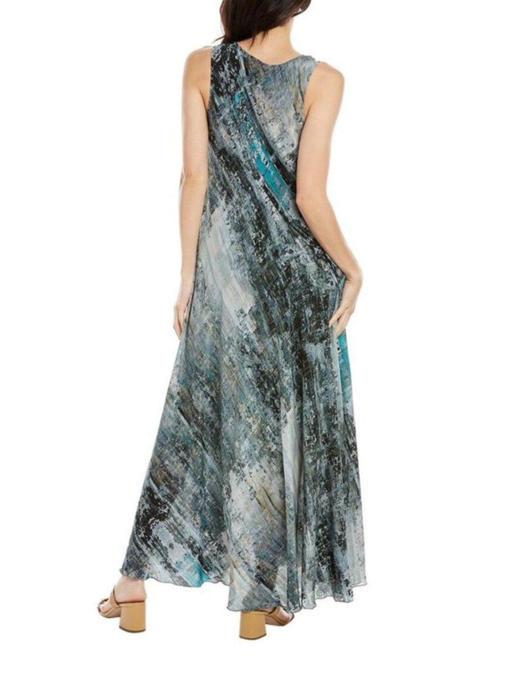 Johnny Was Arowal Silk Sleeveless Abstract Print Maxi Dress in Teal and Gray - Picture 2 of 9